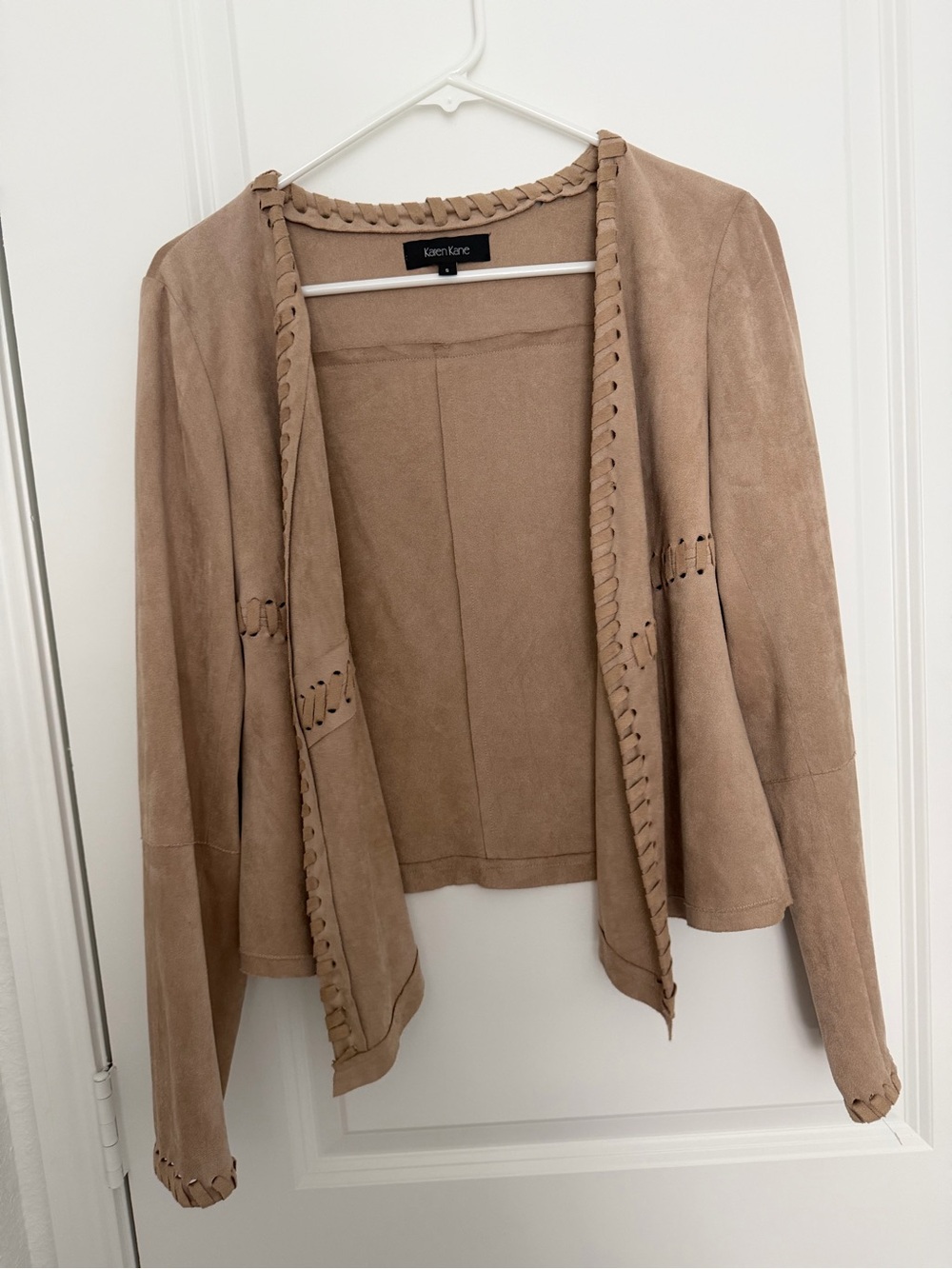 Karen Kane Taupe Suede Open-Front Jacket with Braided Trim